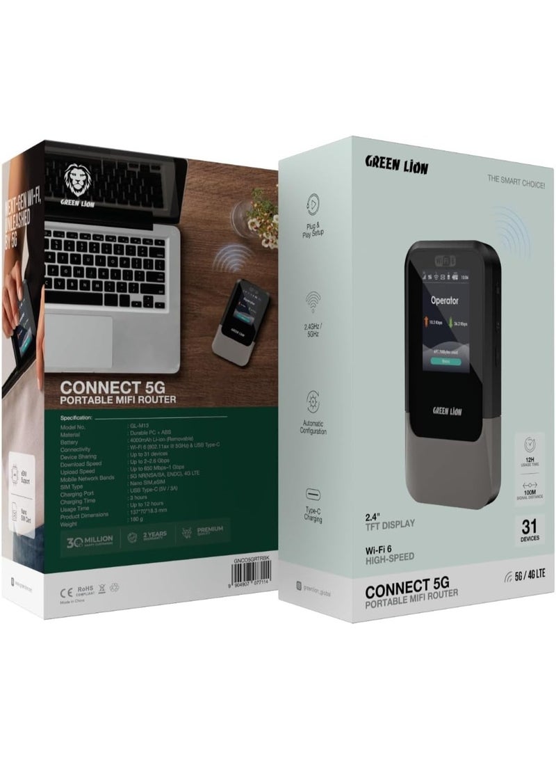 جرين ليون جهاز توجيه MiFi محمول بتقنية 5G مزود بشاشة TFT مقاس 2.4 بوصة / وقت استخدام يصل إلى 12 ساعة / إعداد التوصيل والتشغيل / دعم Nano SIM و eSIM / مسافة إشارة 100 متر / تكوين تلقائي / منفذ شحن USB-C - أسود - Image 2