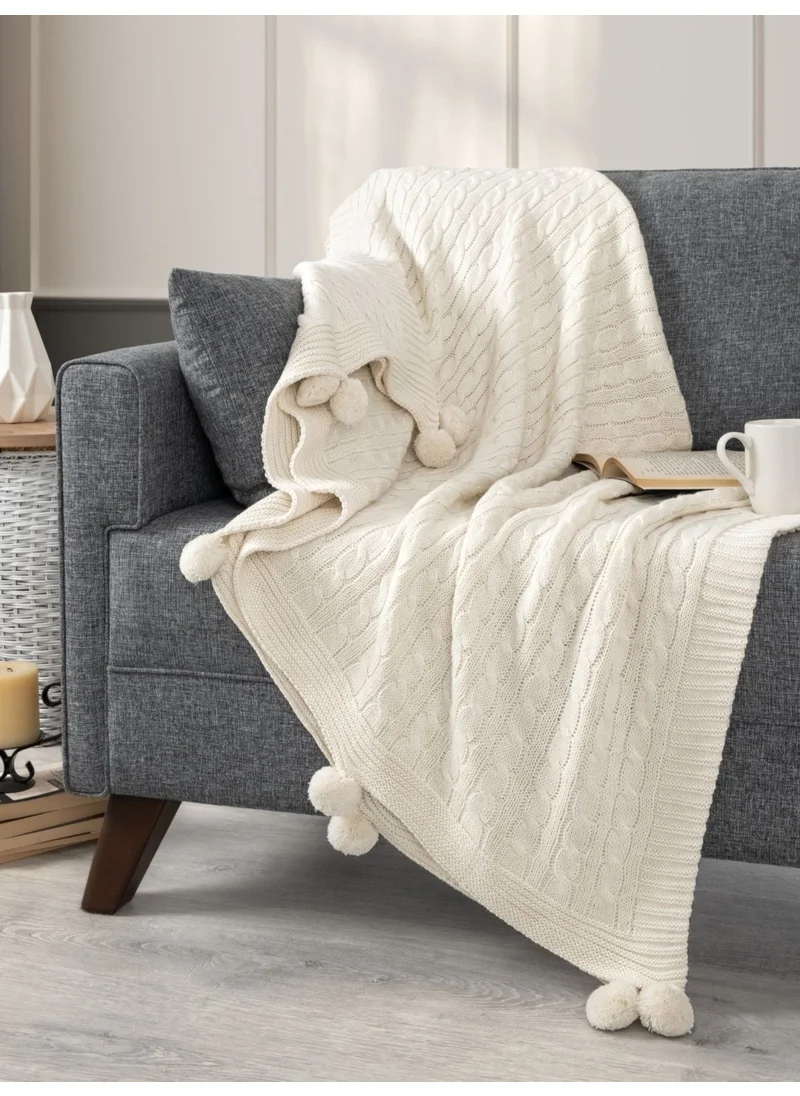 Sevim Pompom Knitted Tv Blanket – Sofa & Shoulder Shawl & Knee Blanket – 130X170CM - Cream