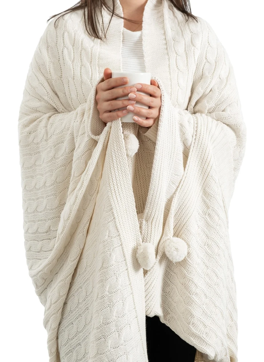 Sevim Pompom Knitted Tv Blanket – Sofa & Shoulder Shawl & Knee Blanket – 130X170CM - Cream