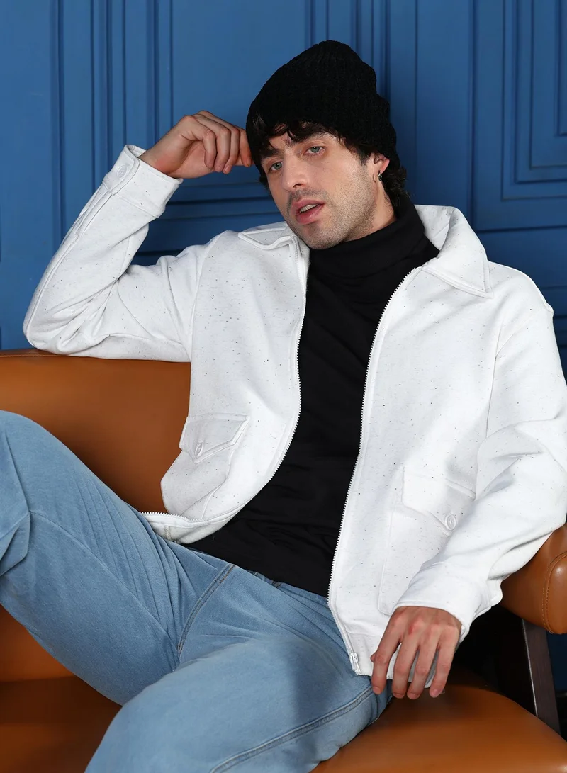 Men Zip-Front Knit Jacket | Point Collar, Long Button-Cuff Sleeves | Zipper , Stretch-Straight Hem | Solid Fleece | Knitted Fabric For Casual & Daily Wear | Cream White