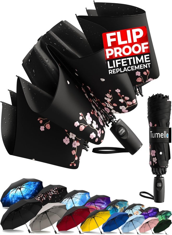 TUMELLA Inverted Windproof Umbrella, Large, Strong & Light, Portable and Automatic Reverse Folding Rain Umbrella, Durable Premium Grip, Fits Car & Backpack, G. Cherry Blossom, 46 inches, Modern - Image 1