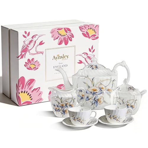 Aynsley Fine Bone China Just Orchid Swirl Teapot and Set of 2 Teacups & Saucers with Sugar Bowl & Cream Jug - Image 1