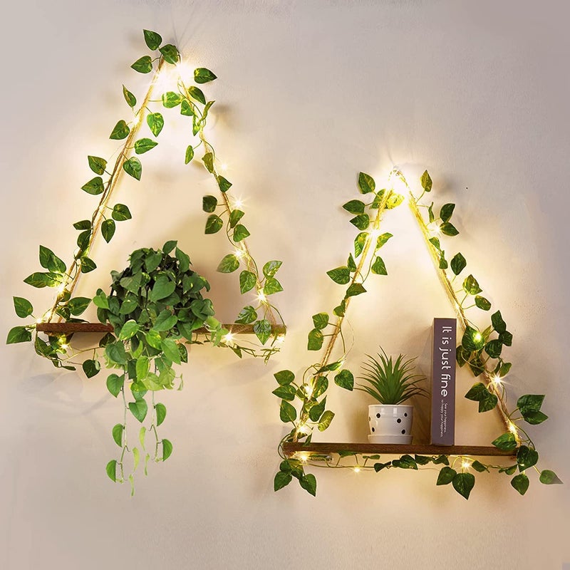 Set of 2 Macrame Hanging Shelves Artificial Ivy LEDStrip Rustic Wood Floating Storage Shelf Display Floating Shelves Wooden Storage Kitchen Wall Boho Decor for Bedroom Living Room Kitchen Nursery