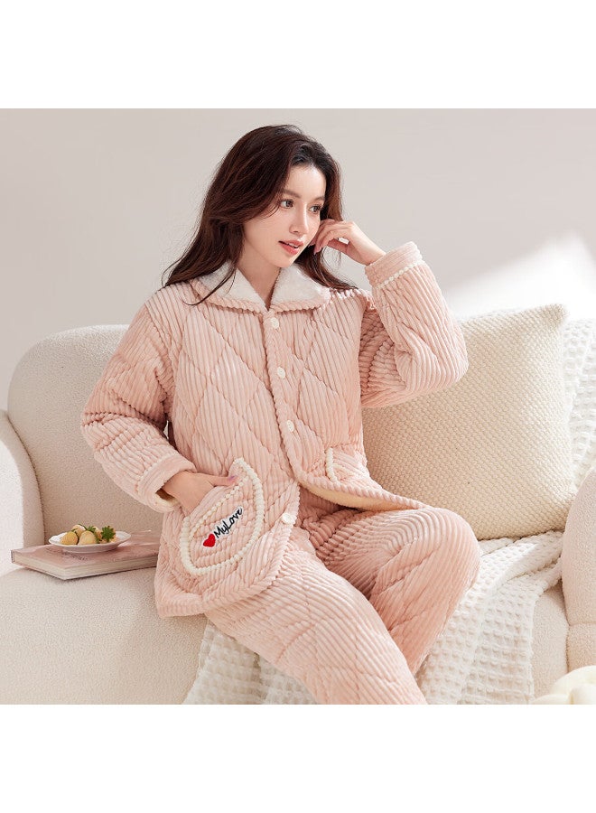 Zisehy Zisehuayu [fleece-lined And Thickened] Women's Pajamas For Autumn And Winter, Quilted Coral Fleece Loungewear, Suitable For Outdoor Wear, Pink, Size L - Image 1