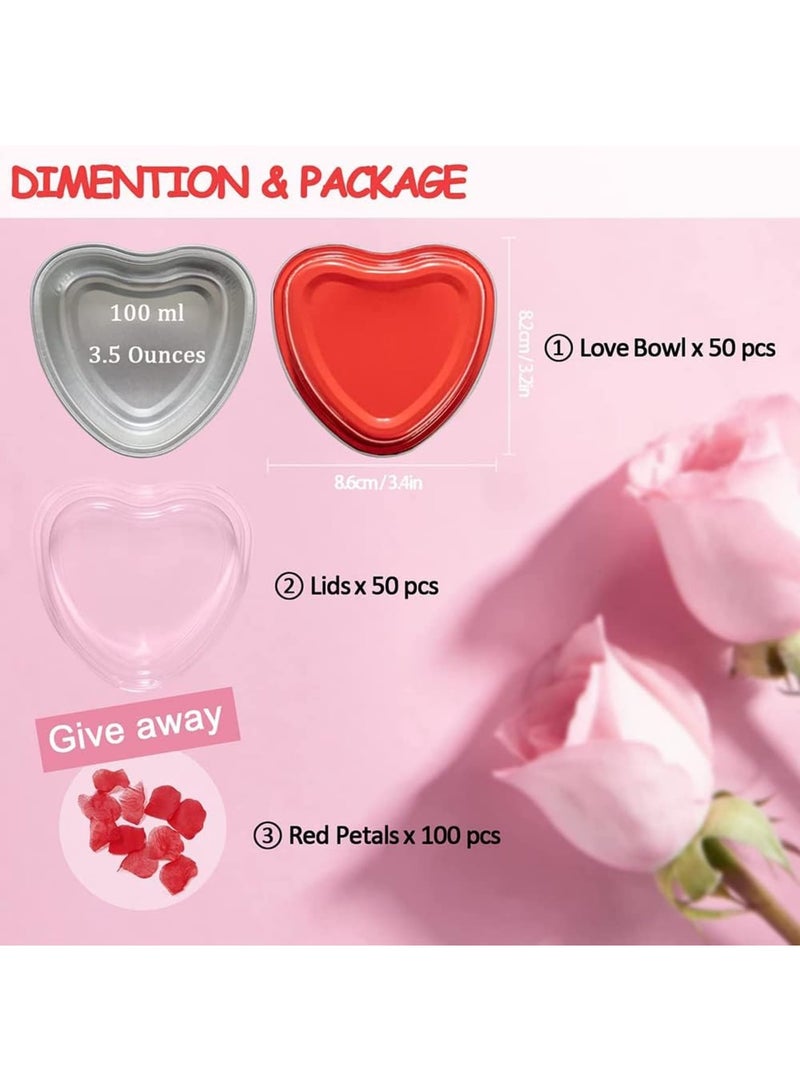 SOLARAE أواني كعك على شكل قلب للخبز مع بتلات حمراء، 50 مجموعة من أكواب الكب كيك المصنوعة من الألمنيوم مع أغطية، 100 مل / 3.5 أونصة من الأواني المعدنية القابلة للتصرف الحمراء للاحتفالات في عيد الحب وحفلات الزفاف - Image 2