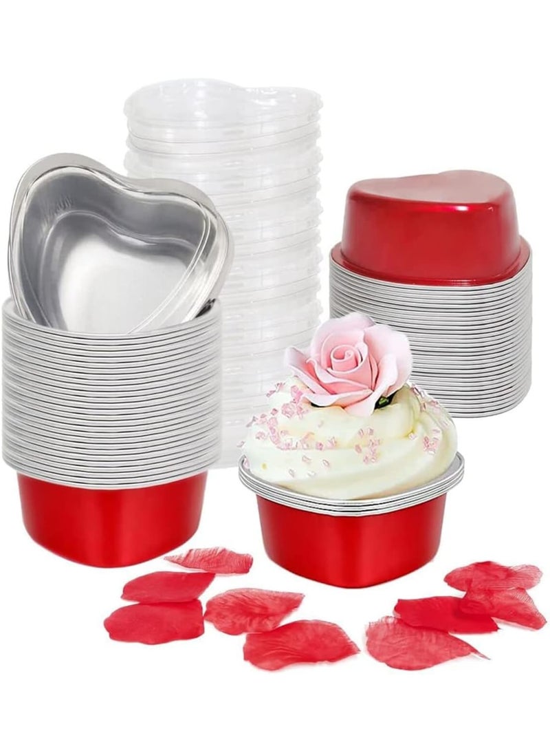 SOLARAE أواني كعك على شكل قلب للخبز مع بتلات حمراء، 50 مجموعة من أكواب الكب كيك المصنوعة من الألمنيوم مع أغطية، 100 مل / 3.5 أونصة من الأواني المعدنية القابلة للتصرف الحمراء للاحتفالات في عيد الحب وحفلات الزفاف - Image 1
