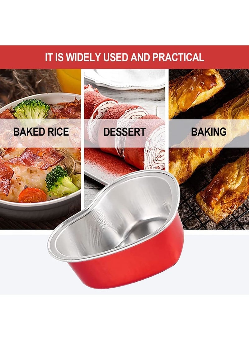 SOLARAE أواني كعك على شكل قلب للخبز مع بتلات حمراء، 50 مجموعة من أكواب الكب كيك المصنوعة من الألمنيوم مع أغطية، 100 مل / 3.5 أونصة من الأواني المعدنية القابلة للتصرف الحمراء للاحتفالات في عيد الحب وحفلات الزفاف - Image 4