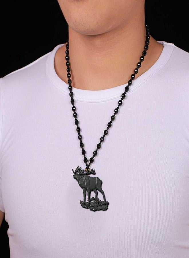 Mudtale Black Calling Deer Pendant Necklace Handmade Resin Charm with Beaded Chain Tribal Animal Jewelry Gift for Men Women - Image 3