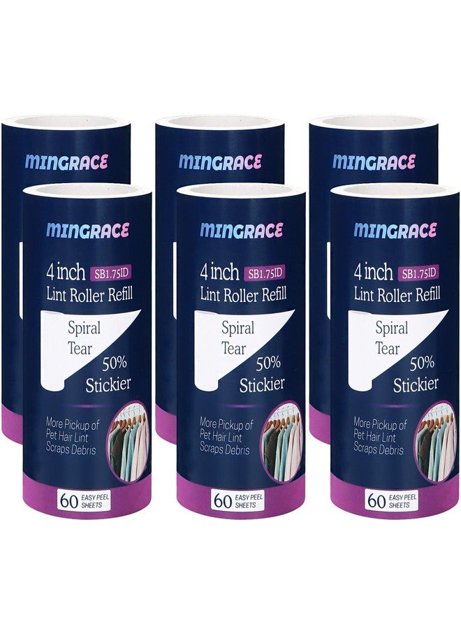 MINGRACE 4 inch Lint Roller Refills Only for Scotch-Brite Pet Hair Pickup Everyday Clean Lint Rollers, 50% Stickier, 60 Sheets Each Refill, 6 Pack, 360 Sheets Total (1 3/4'' Inside Dia.) - Image 1