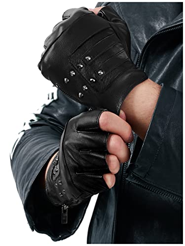 FIORETTO Mens Genuine Leather Fingerless Gloves Unlined Half Finger Punk Gloves for Driving Cycling Motorcycle Black Medium - Image 1