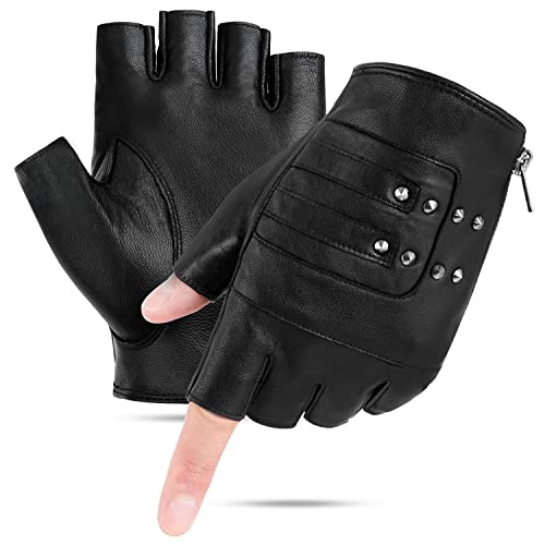 FIORETTO Mens Genuine Leather Fingerless Gloves Unlined Half Finger Punk Gloves for Driving Cycling Motorcycle Black Medium - Image 5