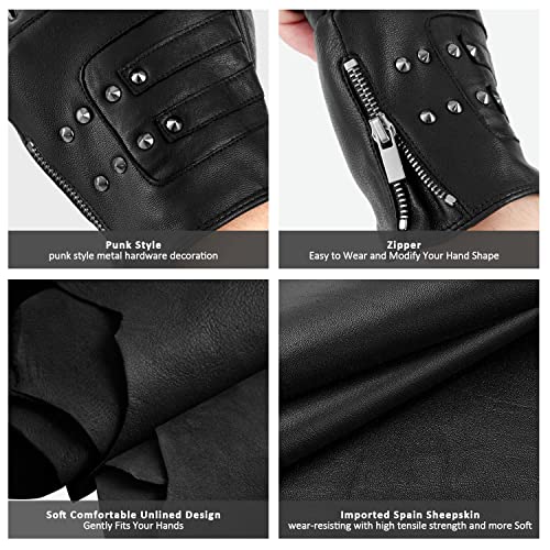 FIORETTO Mens Genuine Leather Fingerless Gloves Unlined Half Finger Punk Gloves for Driving Cycling Motorcycle Black Medium - Image 3