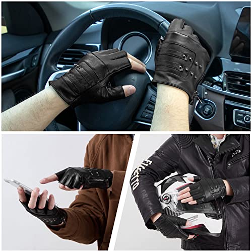 FIORETTO Mens Genuine Leather Fingerless Gloves Unlined Half Finger Punk Gloves for Driving Cycling Motorcycle Black Medium - Image 2