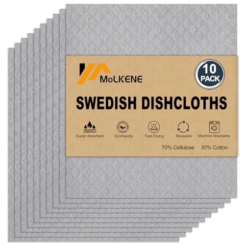 MoLKENE Swedish Dishcloths for Kitchen | 10 Pack Absorbent Cellulose Sponge Cloths Washable | Non-Scratch Reusable Paper Towels Quick Drying Cleaning Rag - Grey - Image 1