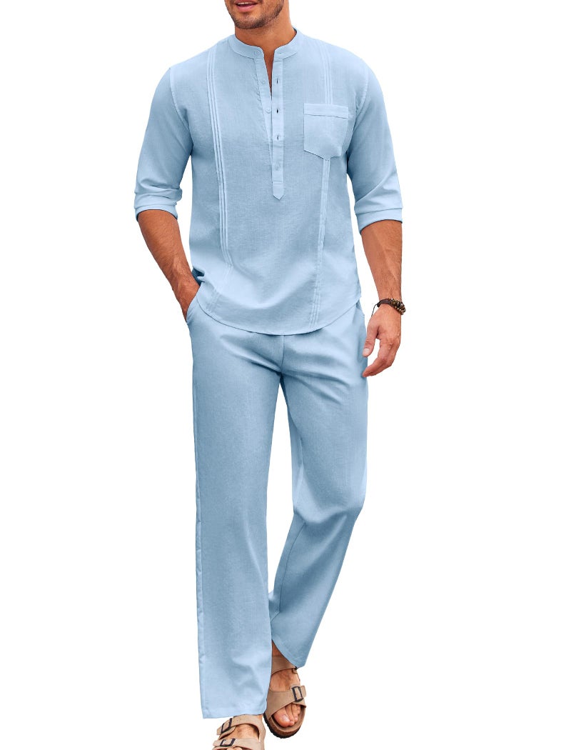 COOFANDY Men's 2 Piece Cotton Linen Sets Casual Long Sleeve Henley Shirts Yoga Pants Set Beach Cuban Outfits - Image 1