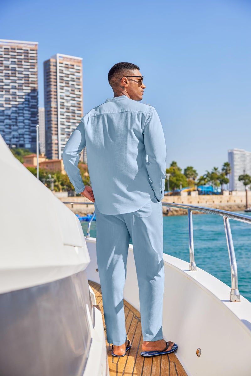 COOFANDY Men's 2 Piece Cotton Linen Sets Casual Long Sleeve Henley Shirts Yoga Pants Set Beach Cuban Outfits - Image 4