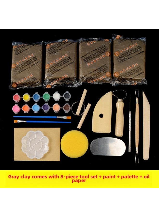Clay Student Handmade Clay Soft Clay Clay Purple Clay Special Clay Sculpture Set Ceramic Clay Tool Clay-Color:Gray Clay (4 Packs Of Free Oil Paper) + 8-piece Tool Set + Paint + Plate  - Image 1