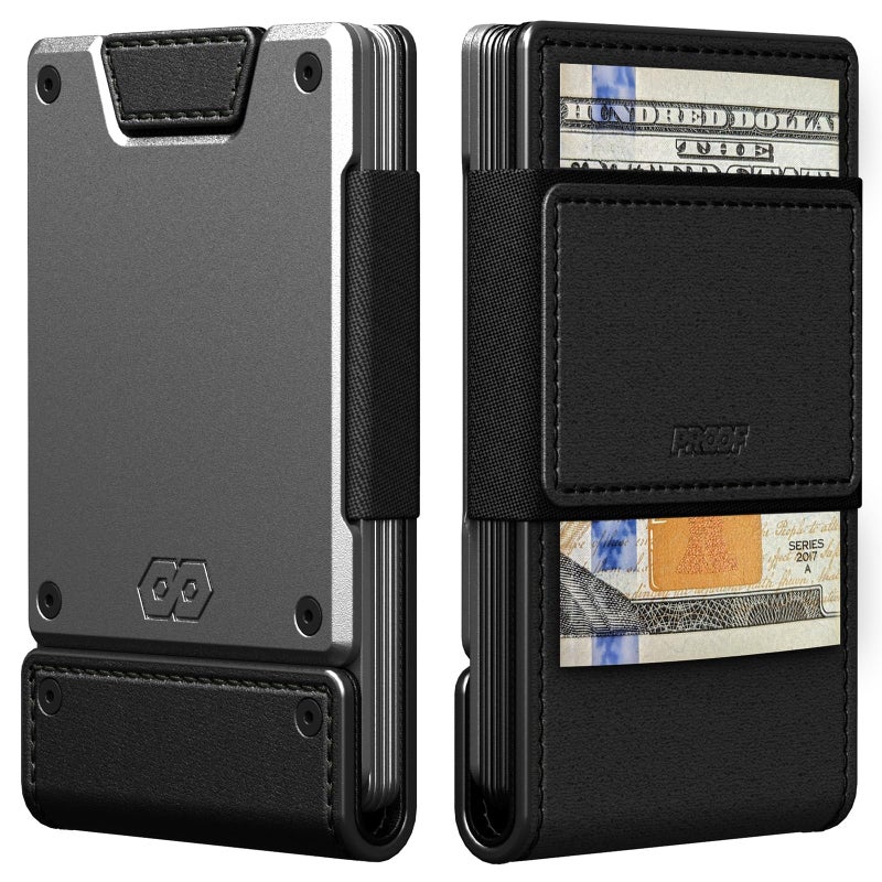 PROOF Wallet | Slim Minimalist Wallets for Men | Leather & Metal | RFID Wallet | Front/Back Pocket | Gift Box | Veteran Owned (Oracle (Carbon Fiber Leather | Dark Gun Metal)) - Image 1