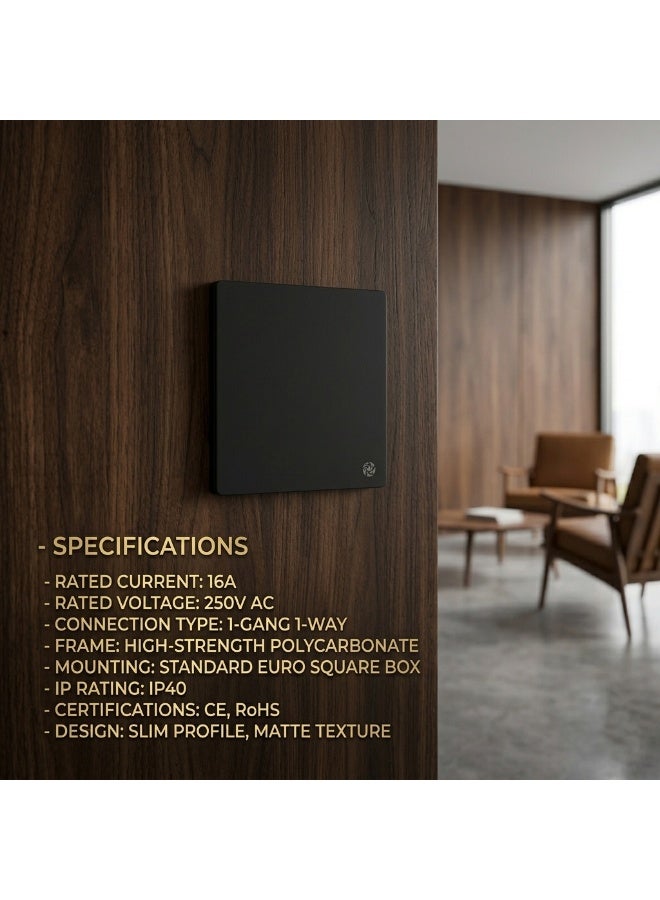 Alfriday Premium 1-Gang 1-Way Wall Light Switch – Slim Matte Black Design, 16A 250V AC High-Strength Polycarbonate Modern Electric Switch for Home & Office, Fits Standard Euro Square Box - Image 5