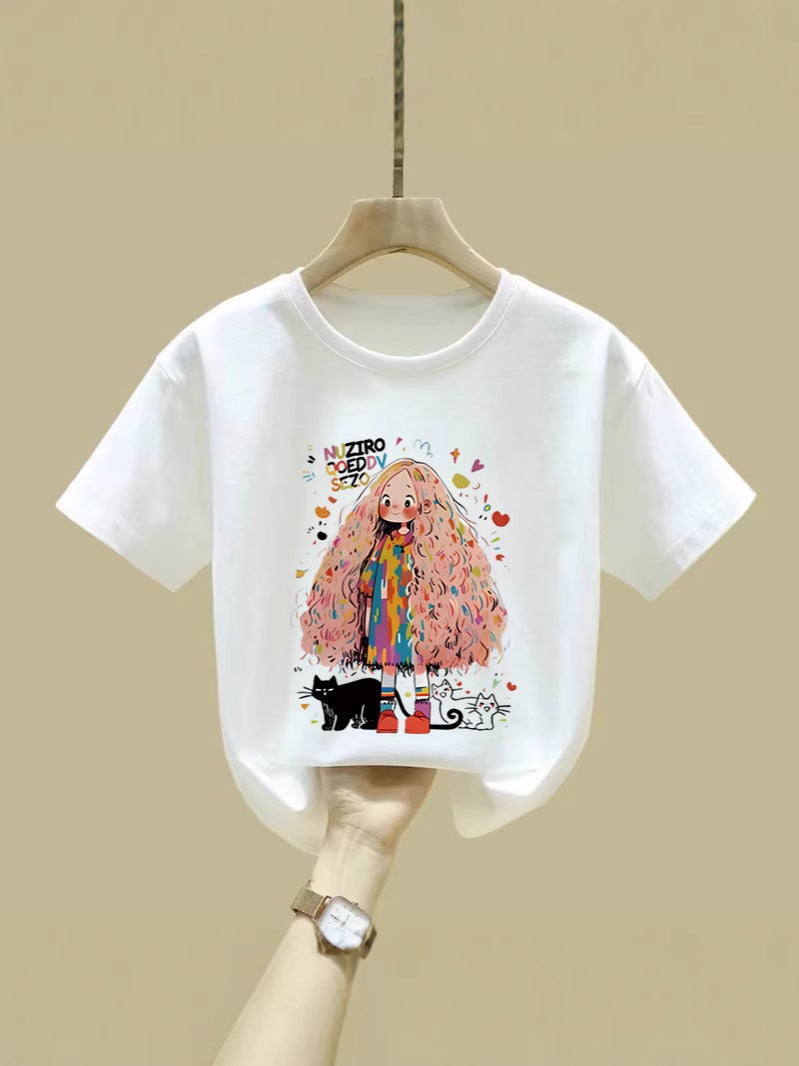 Pink Short-Sleeved Girls' T-Shirt Pure Cotton Style Large-Size Loose Half-Sleeved Summer Children'S Top T-Shirt - Image 3