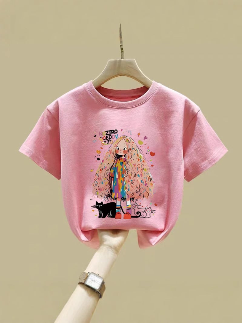 Pink Short-Sleeved Girls' T-Shirt Pure Cotton Style Large-Size Loose Half-Sleeved Summer Children'S Top T-Shirt - Image 2