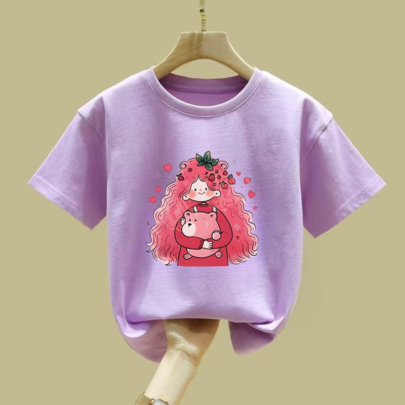 Pink Short-Sleeved Girls' T-Shirt Pure Cotton Style Large-Size Loose Half-Sleeved Summer Children'S Top T-Shirt - Image 1