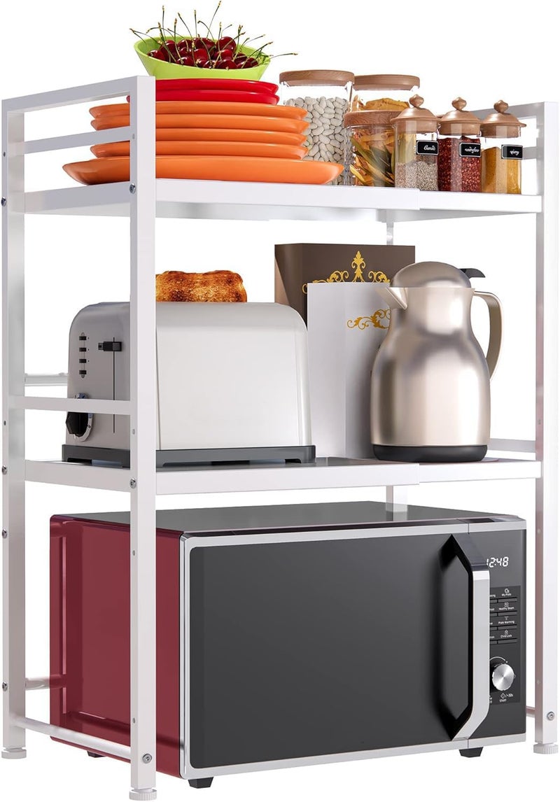 DOLALIKE DOLALIKE Microwave Oven Rack Expandable Microwave Stand Countertop Kitchen Utensils Tableware Storage Carbon Steel Over Microwave Shelf Countertop 3 Tier with 3 Hooks 