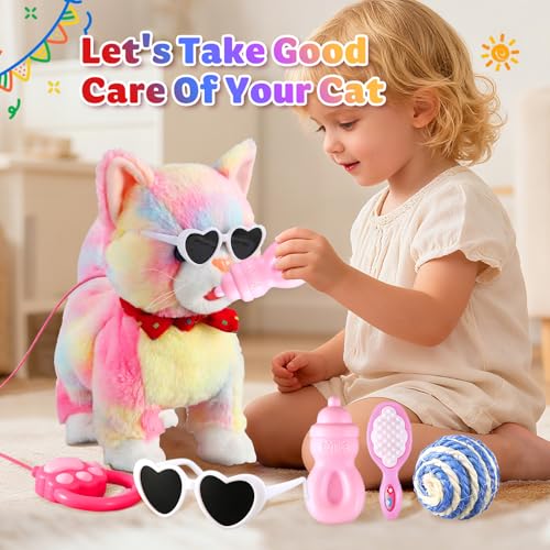 Marsjoy Colorful Leash Walking Cat Set Interactive Talking Cat Singing Dancing Kitten Mimicking Repeat What You Say Kitty Touch and Voice Control Nodding Wagging Tail Plush Electric Kitty for Kid Gril - Image 2