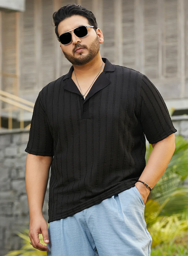 Instafab Plus Instafab Plus Men's Onyx Black Wicker-Tactile Polo T-Shirt For Casual Wear | Polo Neck | Short Cuffed Sleeves | Half-Button Closure | Plus Size T-Shirt Crafted With Comfort Fit For Everyday Wear
