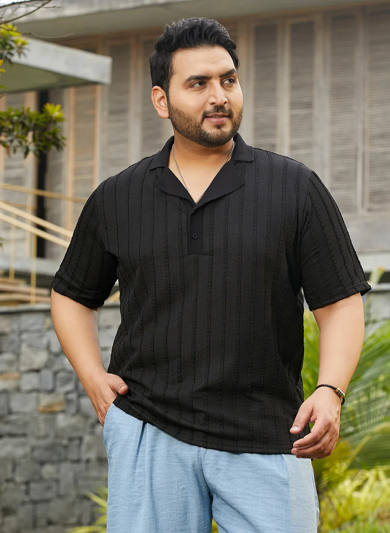 Instafab Plus Instafab Plus Men's Onyx Black Wicker-Tactile Polo T-Shirt For Casual Wear | Polo Neck | Short Cuffed Sleeves | Half-Button Closure | Plus Size T-Shirt Crafted With Comfort Fit For Everyday Wear