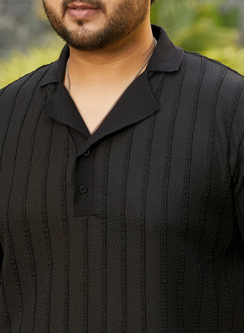 Instafab Plus Instafab Plus Men's Onyx Black Wicker-Tactile Polo T-Shirt For Casual Wear | Polo Neck | Short Cuffed Sleeves | Half-Button Closure | Plus Size T-Shirt Crafted With Comfort Fit For Everyday Wear