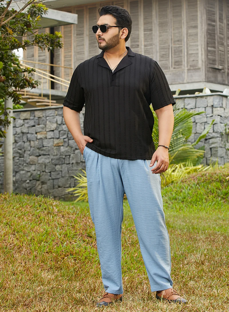 Instafab Plus Instafab Plus Men's Onyx Black Wicker-Tactile Polo T-Shirt For Casual Wear | Polo Neck | Short Cuffed Sleeves | Half-Button Closure | Plus Size T-Shirt Crafted With Comfort Fit For Everyday Wear