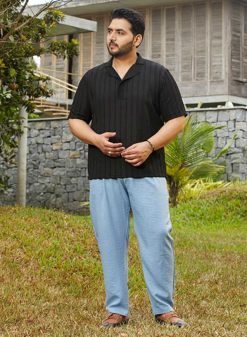 Instafab Plus Instafab Plus Men's Onyx Black Wicker-Tactile Polo T-Shirt For Casual Wear | Polo Neck | Short Cuffed Sleeves | Half-Button Closure | Plus Size T-Shirt Crafted With Comfort Fit For Everyday Wear