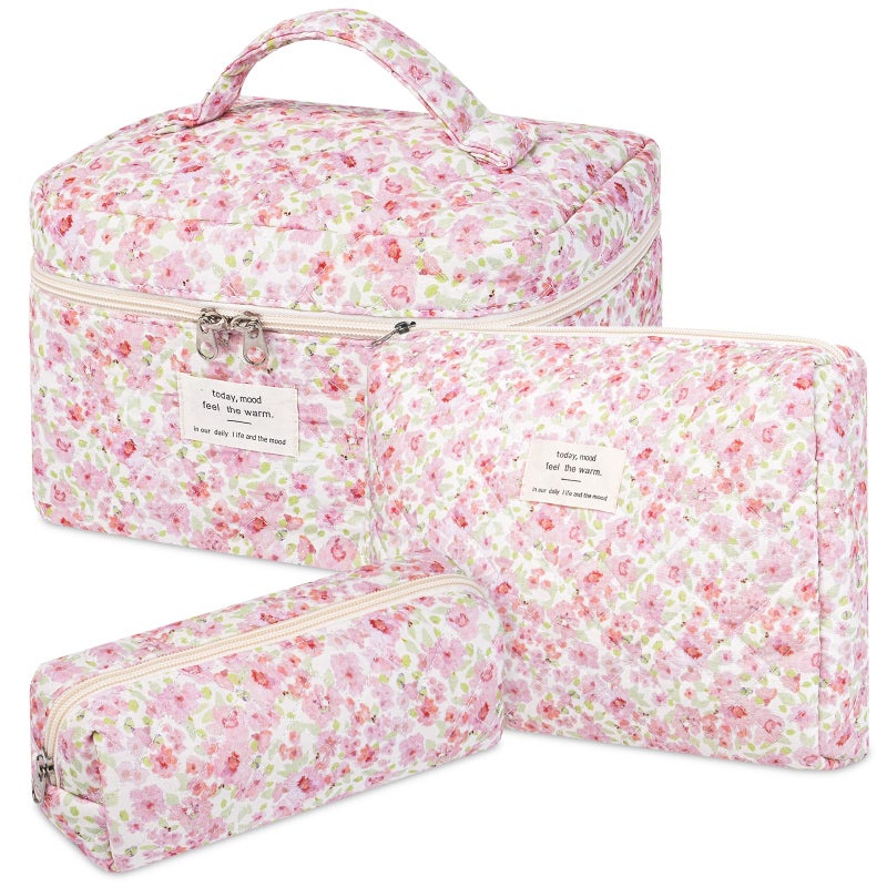 senbowe Floral Makeup Bag 3 Pack Large Cotton Quilted Makeup Bag Set Cute Floral Coquette Aesthetic Toiletry Bag Make Up Cosmetic Bag for Women Toiletry Travel Make Up Organizer Bag - Image 2