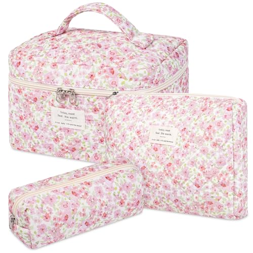 senbowe Floral Makeup Bag 3 Pack Large Cotton Quilted Makeup Bag Set Cute Floral Coquette Aesthetic Toiletry Bag Make Up Cosmetic Bag for Women Toiletry Travel Make Up Organizer Bag - Image 1