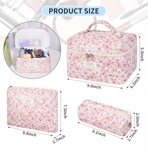 senbowe Floral Makeup Bag 3 Pack Large Cotton Quilted Makeup Bag Set Cute Floral Coquette Aesthetic Toiletry Bag Make Up Cosmetic Bag for Women Toiletry Travel Make Up Organizer Bag - Image 3