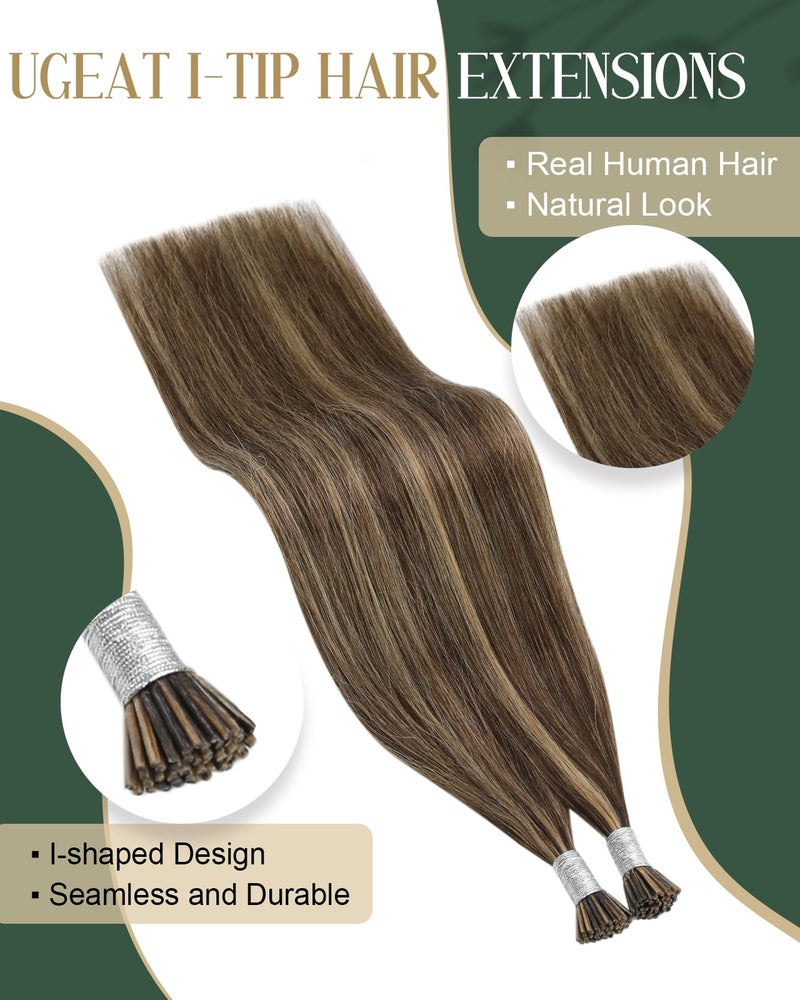 Ugeat I Tip Hair Extensions Human Hair Dark Brown Highlight Itip Human Hair Extensions for Short 14 Inch to Add Length Natural Looking No Glue Needed Stick Tips for Women 50S - Image 2