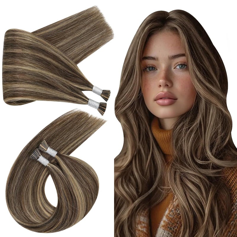 Ugeat I Tip Hair Extensions Human Hair Dark Brown Highlight Itip Human Hair Extensions for Short 14 Inch to Add Length Natural Looking No Glue Needed Stick Tips for Women 50S - Image 1