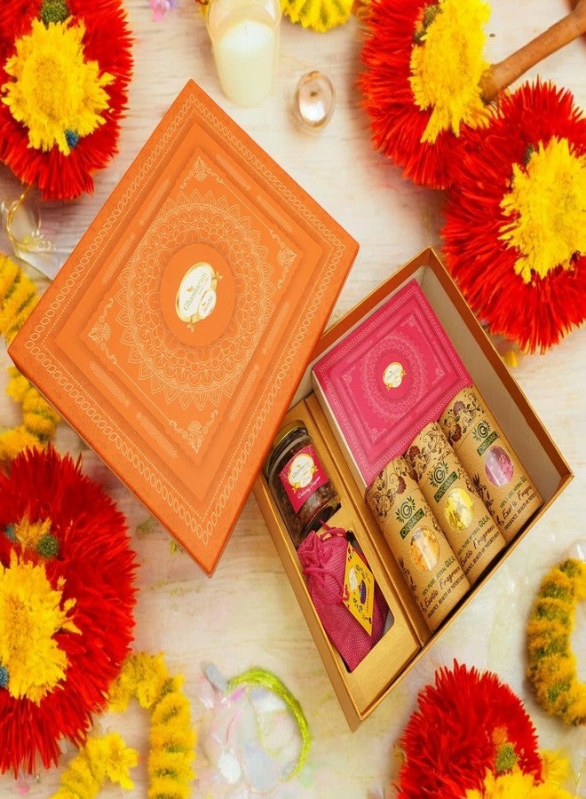 Jaiccha هدايا غاسيتارام Jaiccha Holi- حلويات/سلال هولي/صندوق ثانداي أورانج من غوجيياس، حلويات/لدغات، فواكه جافة، ثانداي وجولال عضوي - Image 1