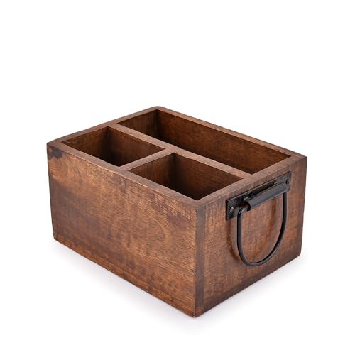 EDHAS 3 Compartment Flatware Caddy, Cutlery Utensil Holder with Metal Handles for Farmhouse Kitchen Decor and Countertop, Dining Table, Office Organizer (8" x 6" x 4") - Image 1
