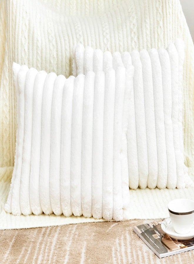 GriNeed Throw Pillow Covers Decorative Faux Fur Set of 2 18x18 Inch Pillow Covers, Soft Cream White Striped Pillowcases for Couch Sofa Bed Living Room, Fluffy Cute Home Boho Accent Fuzzy Decor - Image 1