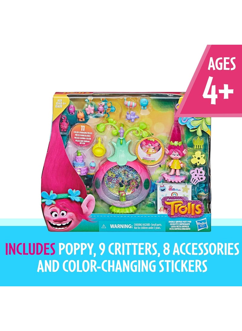 DreamWorks Trolls Sparkle Surprise Party Pod Playset with ColorChanging Poppy Figure 9 Critters 8 Accessories and ColorChanging Sticker Sheet