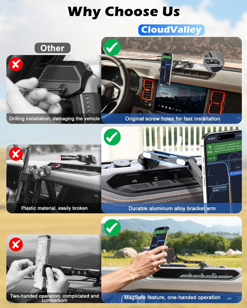 CloudValley Phone Mount for Ford Bronco 2021 2022 2023 2024 2025 2/4 Door, Strong Hold for MagSafe Compatible iPhone 17 16 15 14 13 12 Series, Adjustable 360Â°/180Â°, Easy Installation, Aluminum Alloy - Image 2