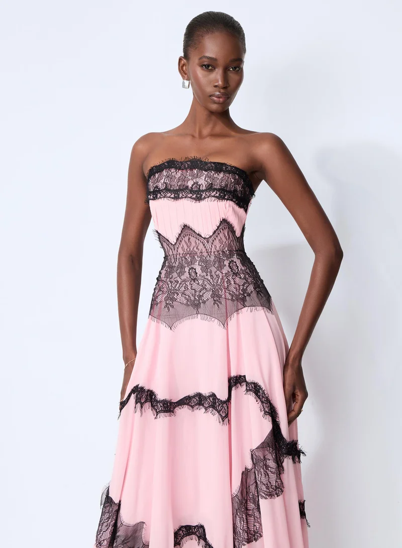 Sunfere  Secret Grove Pink Strapless Lace Trim Maxi Dress for Women | Best Price UAE