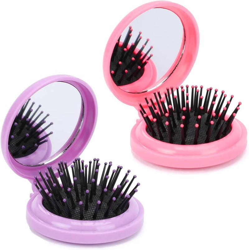 Folding Hair Brush With Mirror Mini Round Travel Comb 2 Pack Compact Portable Styling Tools With Massage Feature for Women Pink Purple
