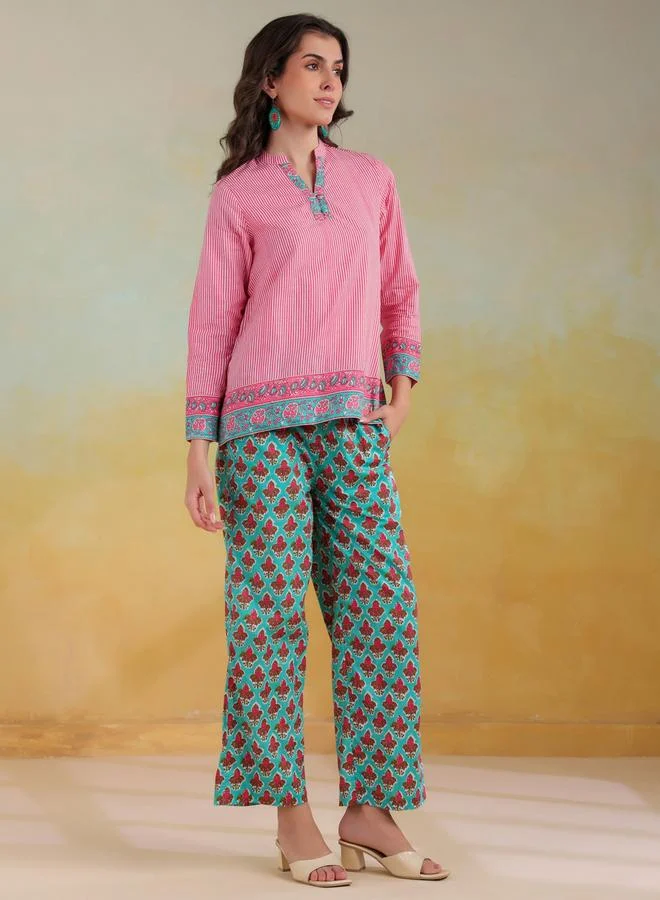 sanskrutihomes Sanskrutihomes Striped Mandarin Collar Top with Trousers Co-Ords