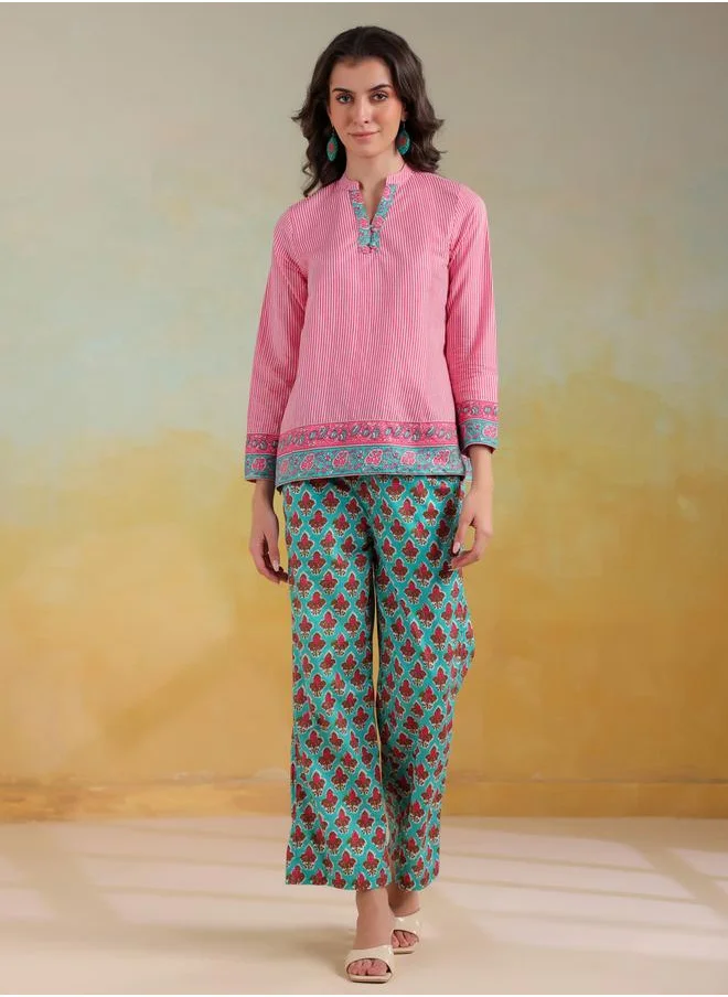 sanskrutihomes Sanskrutihomes Striped Mandarin Collar Top with Trousers Co-Ords
