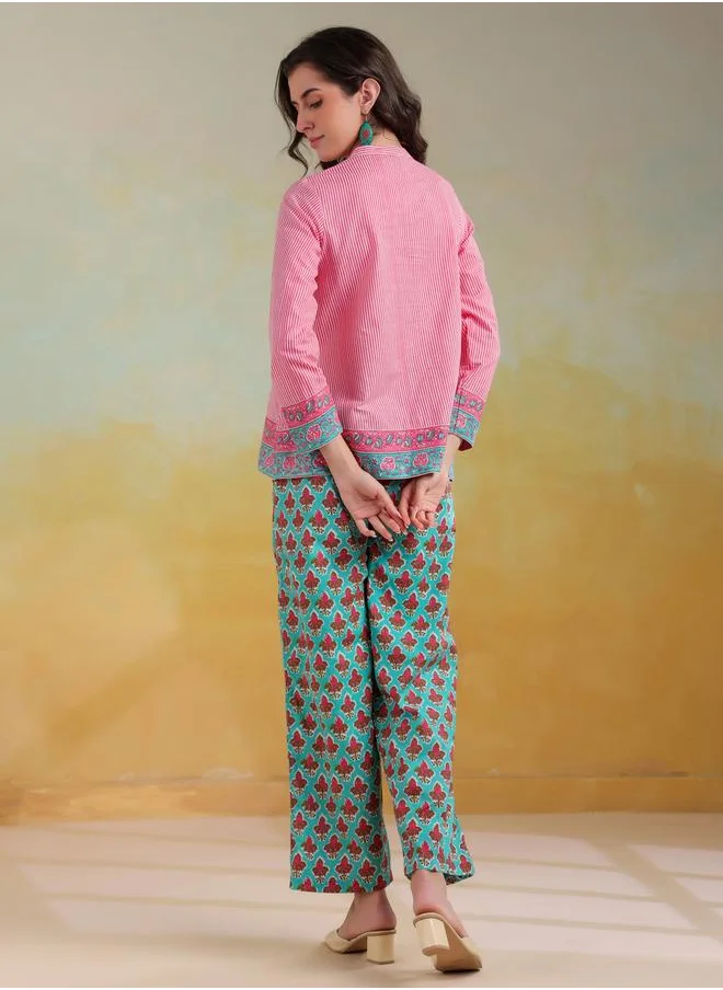 sanskrutihomes Sanskrutihomes Striped Mandarin Collar Top with Trousers Co-Ords