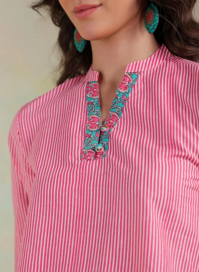 sanskrutihomes Sanskrutihomes Striped Mandarin Collar Top with Trousers Co-Ords