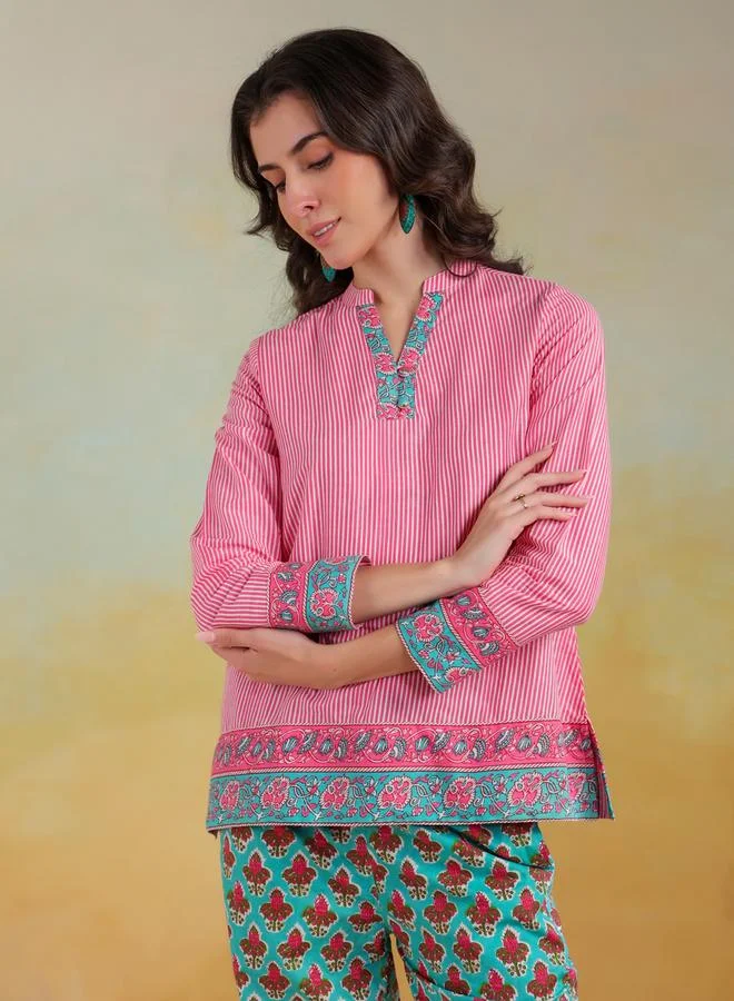 sanskrutihomes Sanskrutihomes Striped Mandarin Collar Top with Trousers Co-Ords